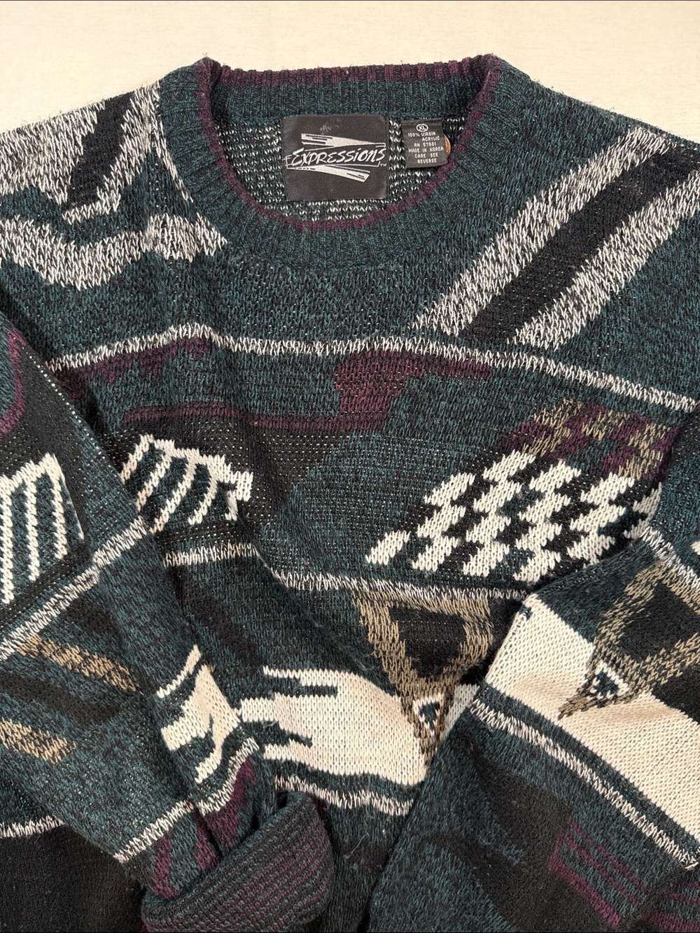Expressions Vintage 90s Abstract Knit Crewneck Sweater Teal Multi Color XL